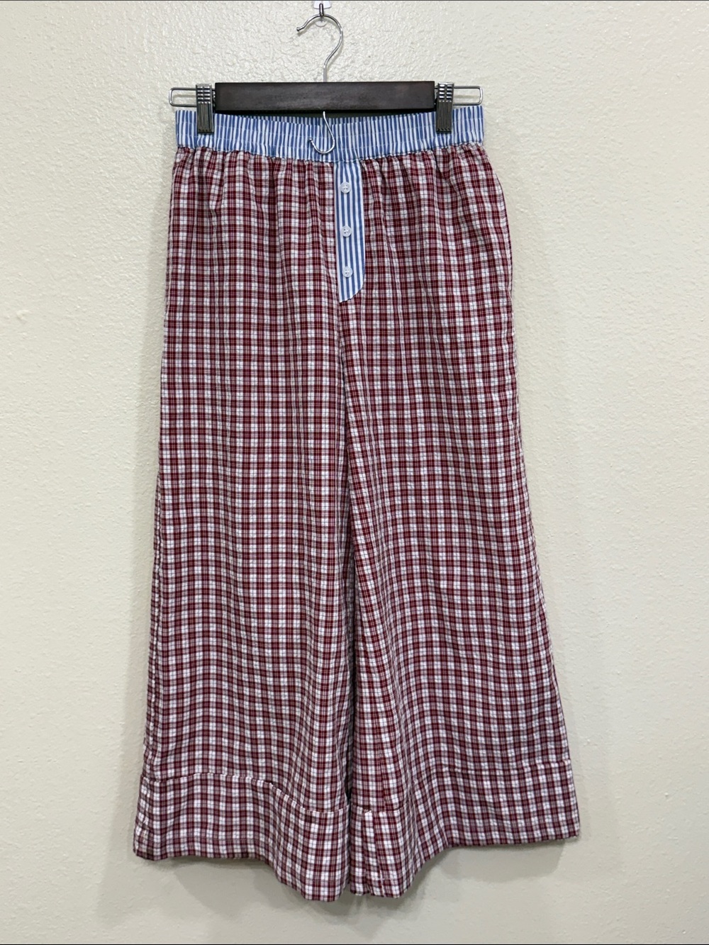 Eclectic Grandpa Red Plaid Pajama Pants Blue Striped Waistband Wide Leg Size S